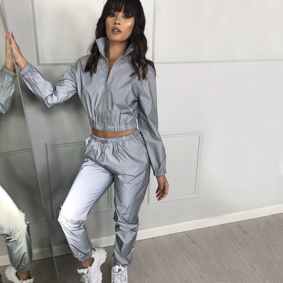 XUANSHOW Women Windbreak Set Reflective Two Piece Set Casual Hip Hop Jackets Night Light Clothes Long Pant Suit 2019 Plus Size