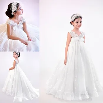 

New Coming Holy First Communion Gowns For Elegant Princess Customized Flower Girl Dress For Wedding With Train Ribbon V--Neck