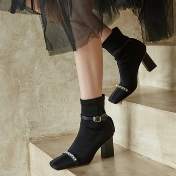 

Fashion Comfortable stretch fabric Women's Ankle Boots Elegant Square Toe Thick high Heels women Pumps Party Shoes Woman