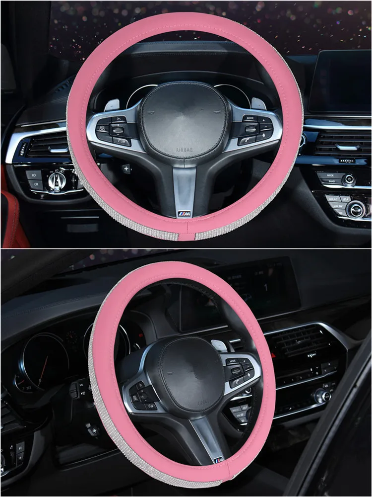 Comprar 37 38 cm de lujo de cristal del volante del coche cubre la cubierta de cuero de la PU del diamante accesorios interiores del coche para las mujeres señora