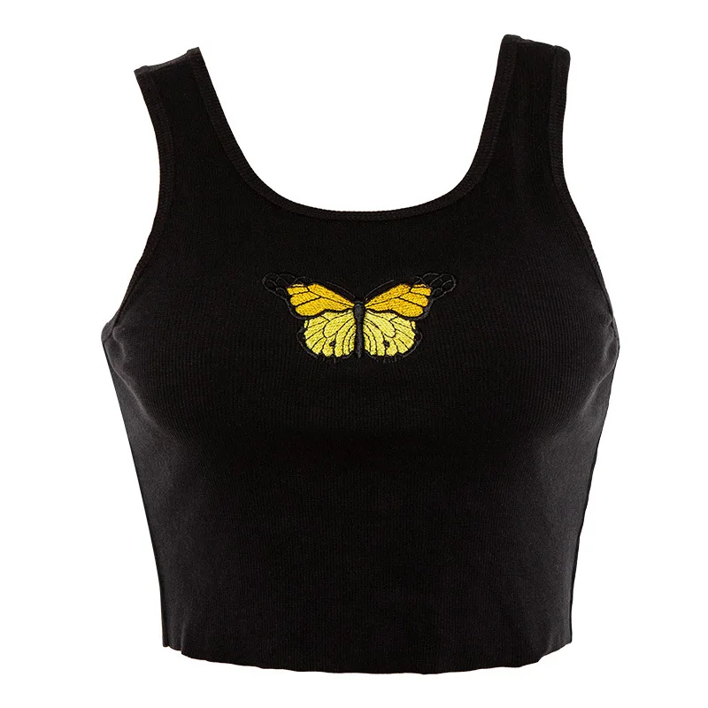 Женский вышитый Тонкий Топ без рукавов майка для спортзала - Цвет: Черный
