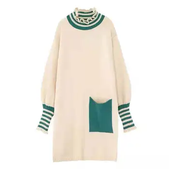 

H.SA 2019 Autumn Winter Women Turtleneck Long Sweater and Pullovers Pockets Patchwork Korean Kawaii Long Knit Jumpers robe pull