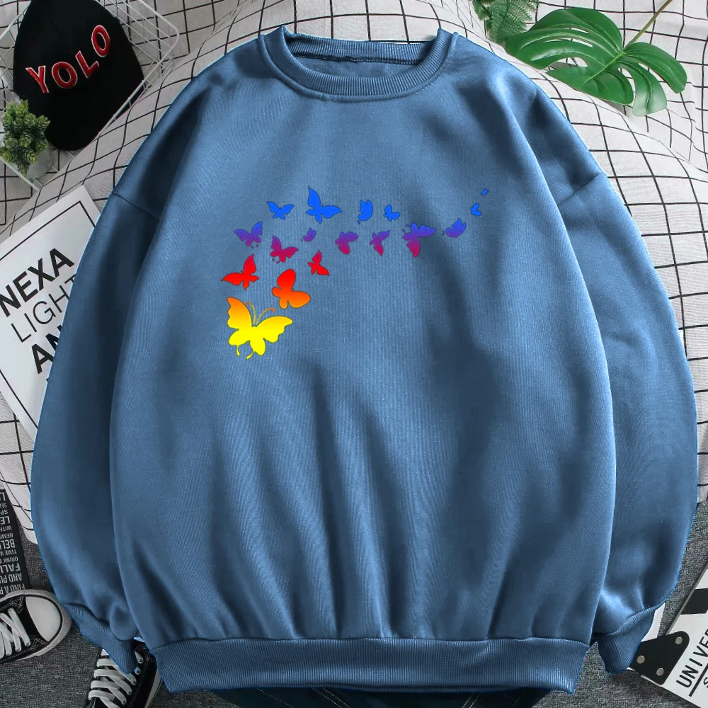 

Flying Colorful Butterflies Print Sweatshirt For Girls Plus Size Fleece Womens Pullovers Harajuku Kpop Round Neck Hoody Female
