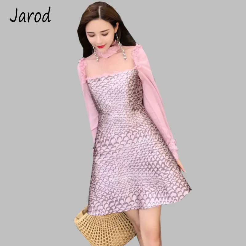 

2019 Autumn Sweet Pink Ruffles Dress Women Holiday stand Collar chiffon patchwork Ladies Slim Princess Dress
