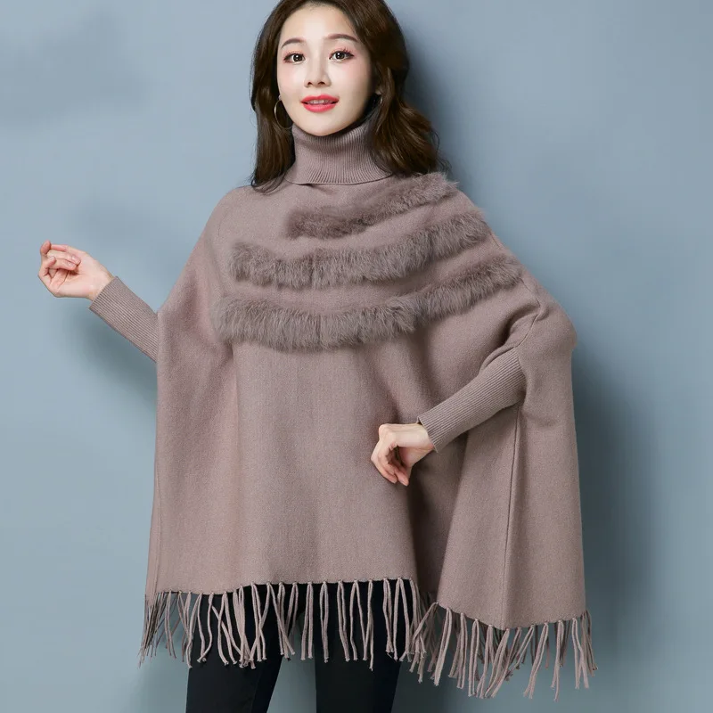 

Batwing Shirt Harajuku Autumn & Winter New Style Loose-Fit Versatile Knitted Sweater Women's Cloak Shawl Coat High Collar Tassel