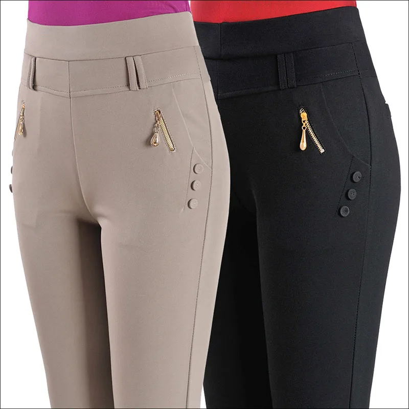 Женские брюки с высокой талией повседневные эластичные большого размера для