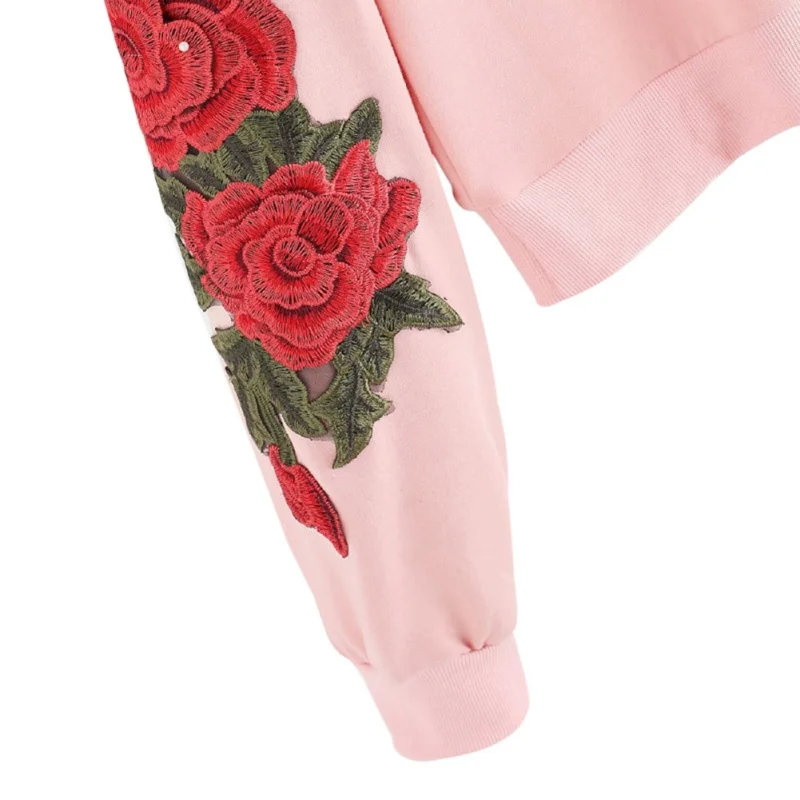 Новая Черная Повседневная Толстовка с длинным рукавом и аппликацией и круглым вырезом, толстовка с вышивкой розы, Женский винтажный осенний пуловер