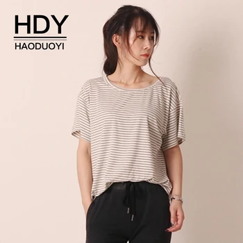 

HDY Haoduoyi 2019 New Fashion Ladies Casual Clothing Stylish Leisure Stripes Arc Hem Drop Shoulder Loose T-Shirt For Women