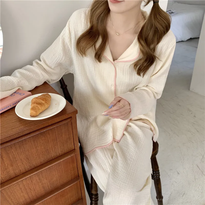 Single Breasted Shirts Tops + Trousers Set Two Piece Home Suit Solid Autumn Pajamas Set Korean Sweet Cotton Homewear Sleepwear cotton pjs