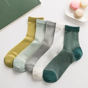 

Japanese Women Girls Plain Solid Color Ankle Socks Thin Sheer Glass Fiber Splicing Jacquard Vertical Striped Short Tube Hosiery
