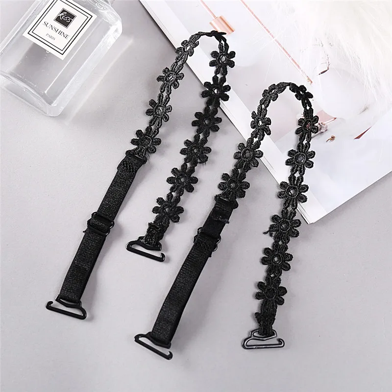 2Pcs/set Bra Invisible Hollowed Lace 3D Flower Shoulder Straps Anti Skid Black Beige Shoulder Strap Women's Clothing Accessories