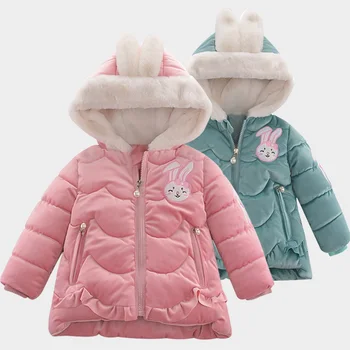 

Baby girl clothes winter cartoon rabbit cotton-padded jacket children's jacket plus velvet thick warm jacket girl hooded jacket