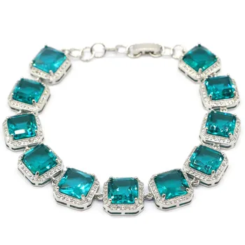 

13x13mm SheCrown Created Rich Blue Aquamarine CZ Woman's Gift Silver Bracelet 8-9inch