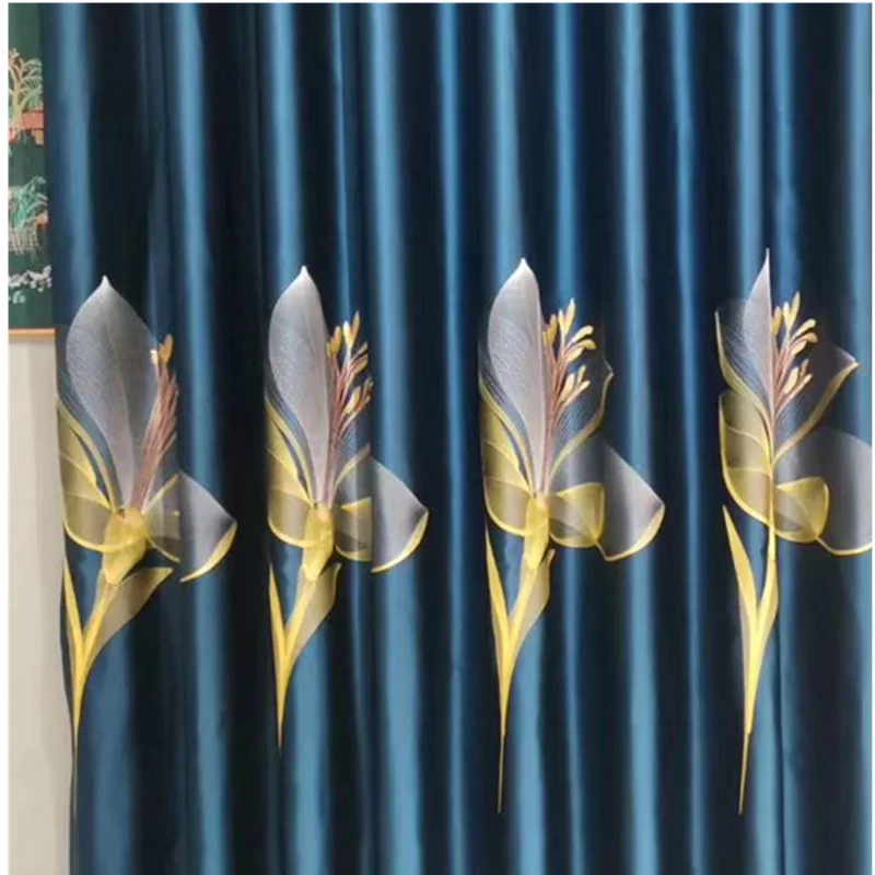 

Royal Satin Impression Lily Embroidered Curtains Nordic for Bedroom Living Room Restaurant Net Red Curtains Customization