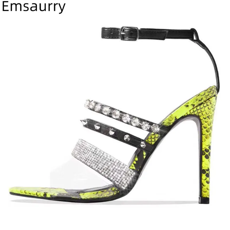 

New Coming Sexy Sandals Woman Narrow Band Decor Crystal Point Toe Walking Footwear Ankle Buckle High Gladiator Heel Woman Sandal