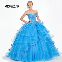 Сверкающий шар платье Бальные платья голубое розовое платье цветок сладкий 15 16 Девушки праздничное платье для дня рождения плюс размер