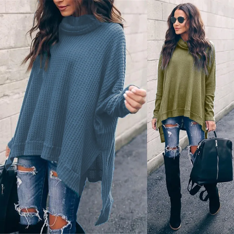 

Winter Irregular Split Hem Casual Pullover Sweater Women Autumn Warm Knited Pull Top Female Loose High Collar Yellow Army Green