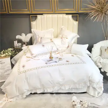 

New Egyptian Cotton Embroidery Cream White Bedding Set Luxury Queen/King Size Bed sheet linen set ropa de cama/linge de lit