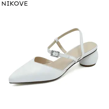 

NIKOVE 2020 Summer Women Pumps Shoes Leather+PU Slingback Med Heel Pointed Toe OL Work Casual Fashion Shoes Size 34-42