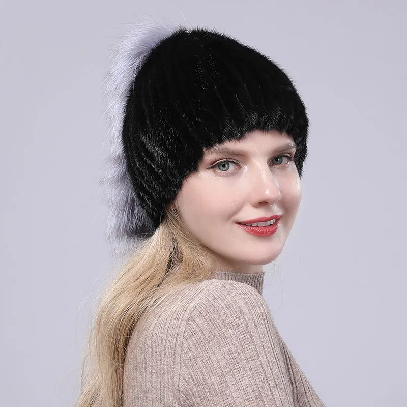 Новая зимняя женская шапка из натурального меха норки с лисьим хвостом женская черная белая шапка из натурального меха эластичная вязаная шерстяная подкладка шапка - Цвет: 03