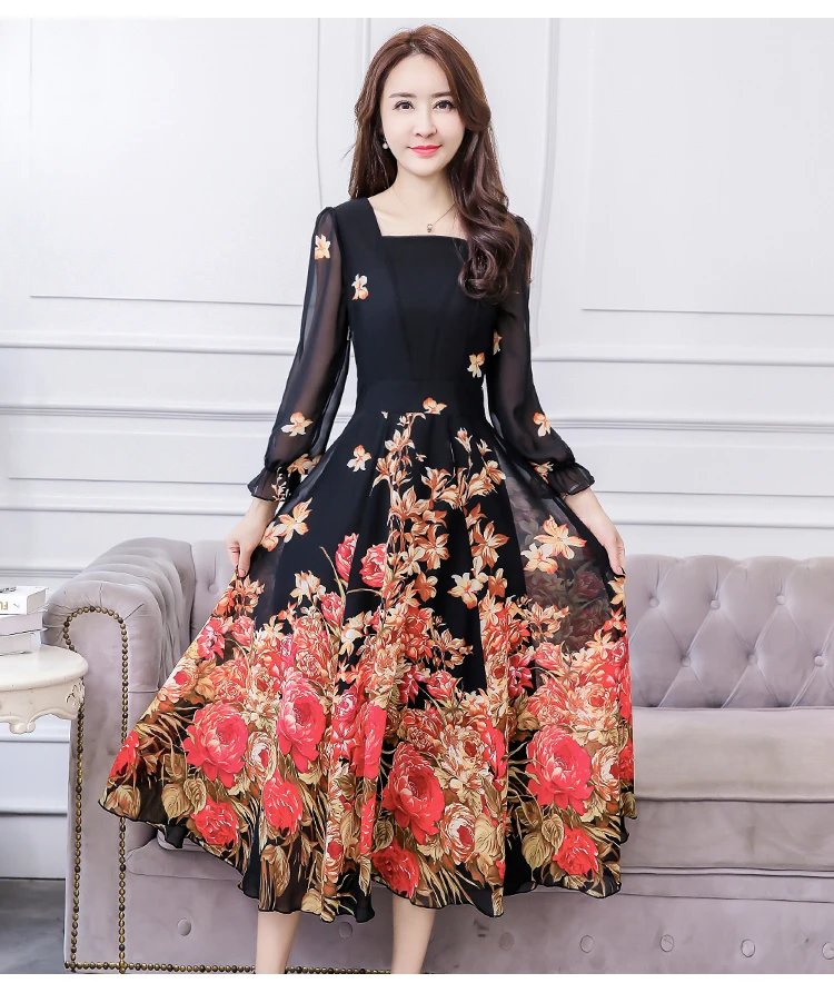 Осень Новое поступление размера плюс M-4XL корейский квадратный воротник цветочный принт длинный рукав женское шифоновое длинное платье