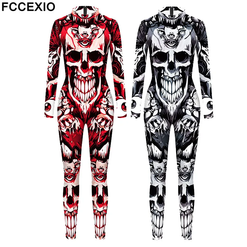 

FCCEXIO, 2 цвета, страшный череп, 3D Рисунок, длинный рукав, косплей, новая вечевечерние НКА, плотные Комбинезоны на Хеллоуин
