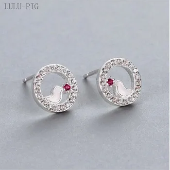 

LULU-PIG Hot 925 silvercontracted micro inset female Korean version drop glue small fresh circle bird earrings KED-3260