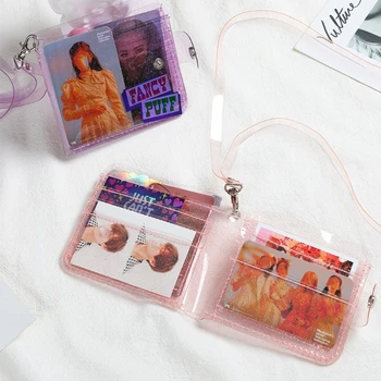 

Portable Women Clear Wallet Lanyard Cute Glitter Bifold Purse Card Holder Pouch Office Work
