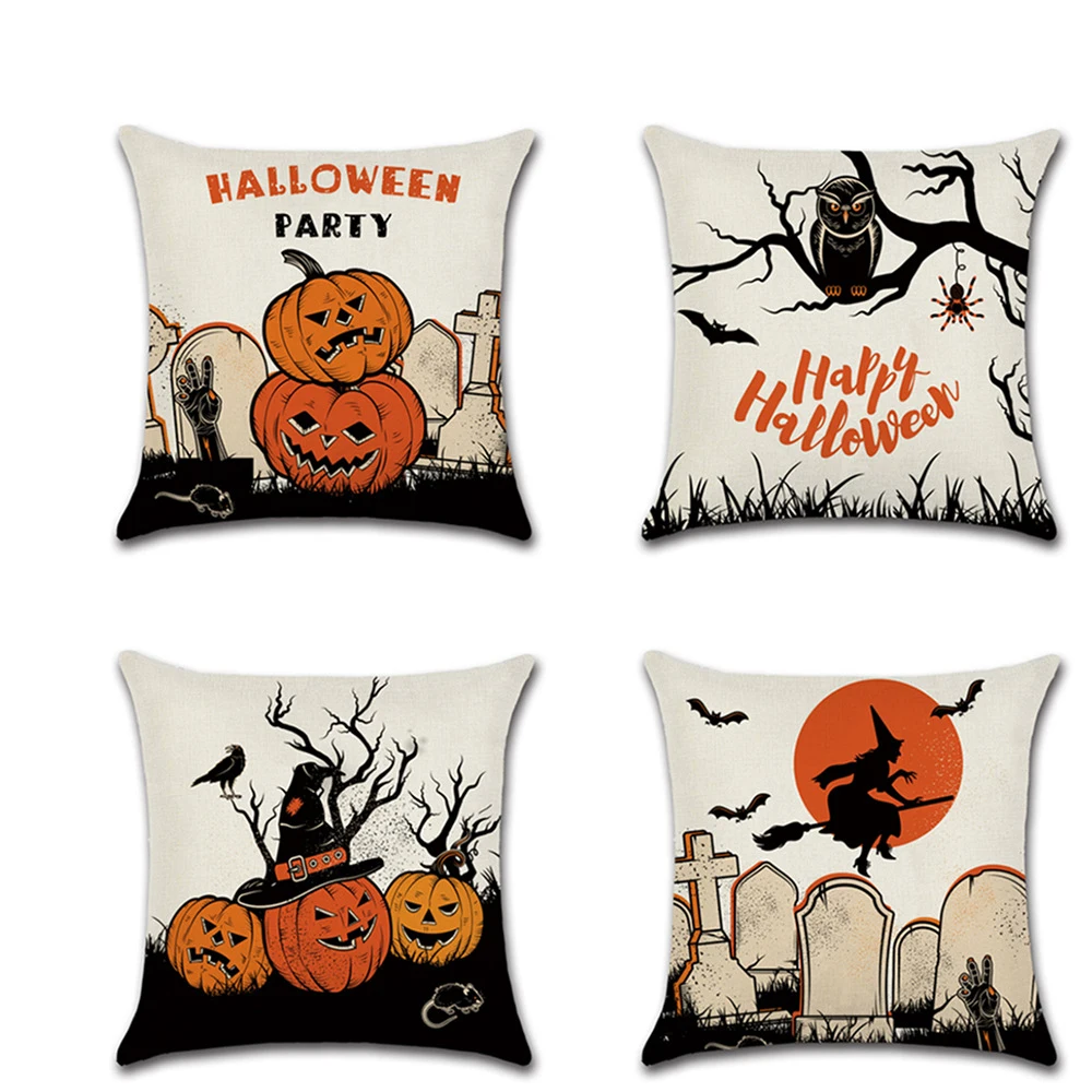 

Lychee Pumpkin Owl Witch Printed Cushion Case 45x45cm Orange Linen Cushion Cover For Bedroom Home Office