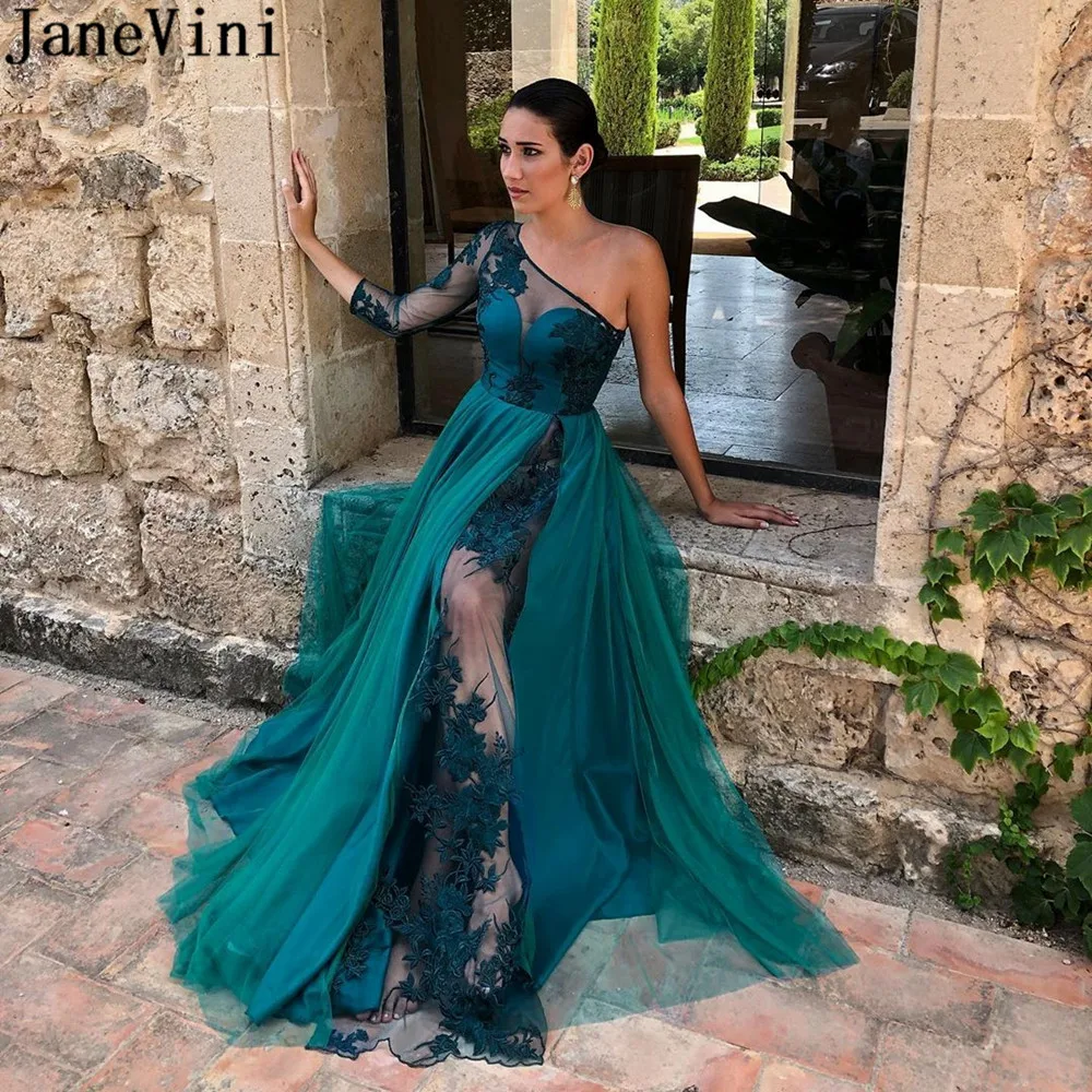 

JaneVini Vestido Sexy Prom Dresses 2020 Long One Shoulder See Through Lace Appliques Evening Dress A Line Special Occasion Gowns