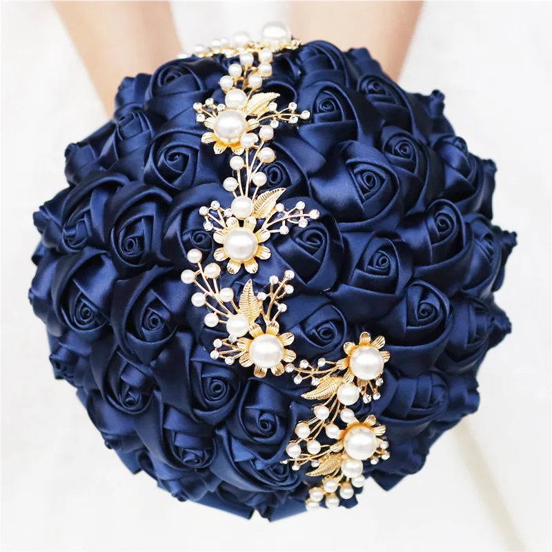 Bride and Bridesmaid Holding Bouquet Navy Blue Satin Rose Rhinestone Brooch Bouquet Handmade Wedding Supplies ZQ002