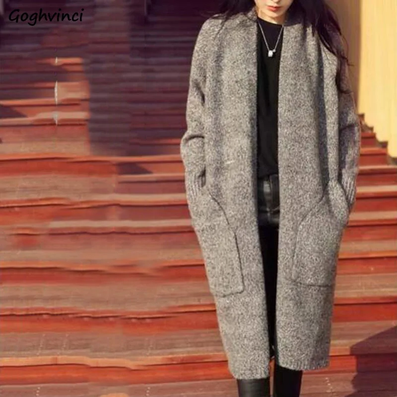 

Cardigans Women Thicken Autume Winter Solid Mid-long Females Pockets Casual Warm Loose All-match Elegant Ladies Harajuku Chic