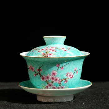 

Hand-painted Green Glaze Pastel Rolling Road Plum Blossom Pattern Tureen Handmade Ceramic Cover Bowl Tea Set Fine Gifts