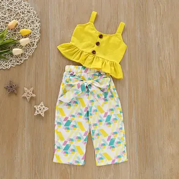 

Imcute Baby Girls Clothes Kids Set For Summer Outfits Solid Yellow Short Sleeve T-shirt Tops Flower Pants Cotton 2Pcs Outfits