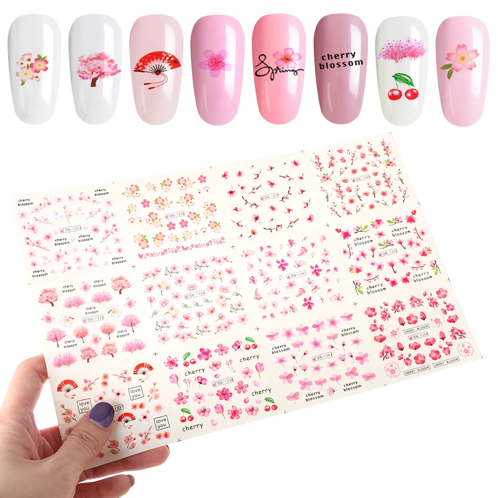 Full Cover Water Transfer Stickers Woman Fashion 3D Nail Sticker Gradient Marble Cherry blossoms flowers Art Decoration | Красота и
