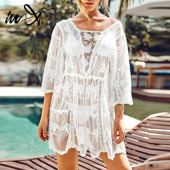 

In-X Sexy lace swimsuit cover ups women transparent beach dress female Summer white swimwear Tunic Beachwear bathing suit new