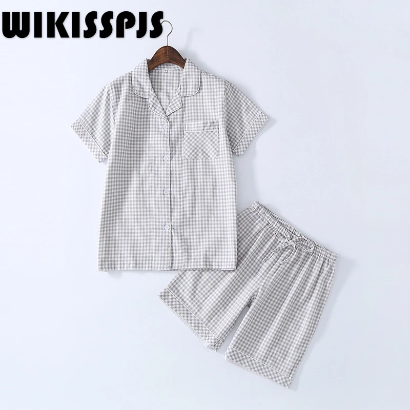 

WIKISSPJS Women's Summer Cotton Pajamas Suit Simple Lapel Japanese Kawaii Pajama Pajamas for Teen Girls Two Piece Set Summer