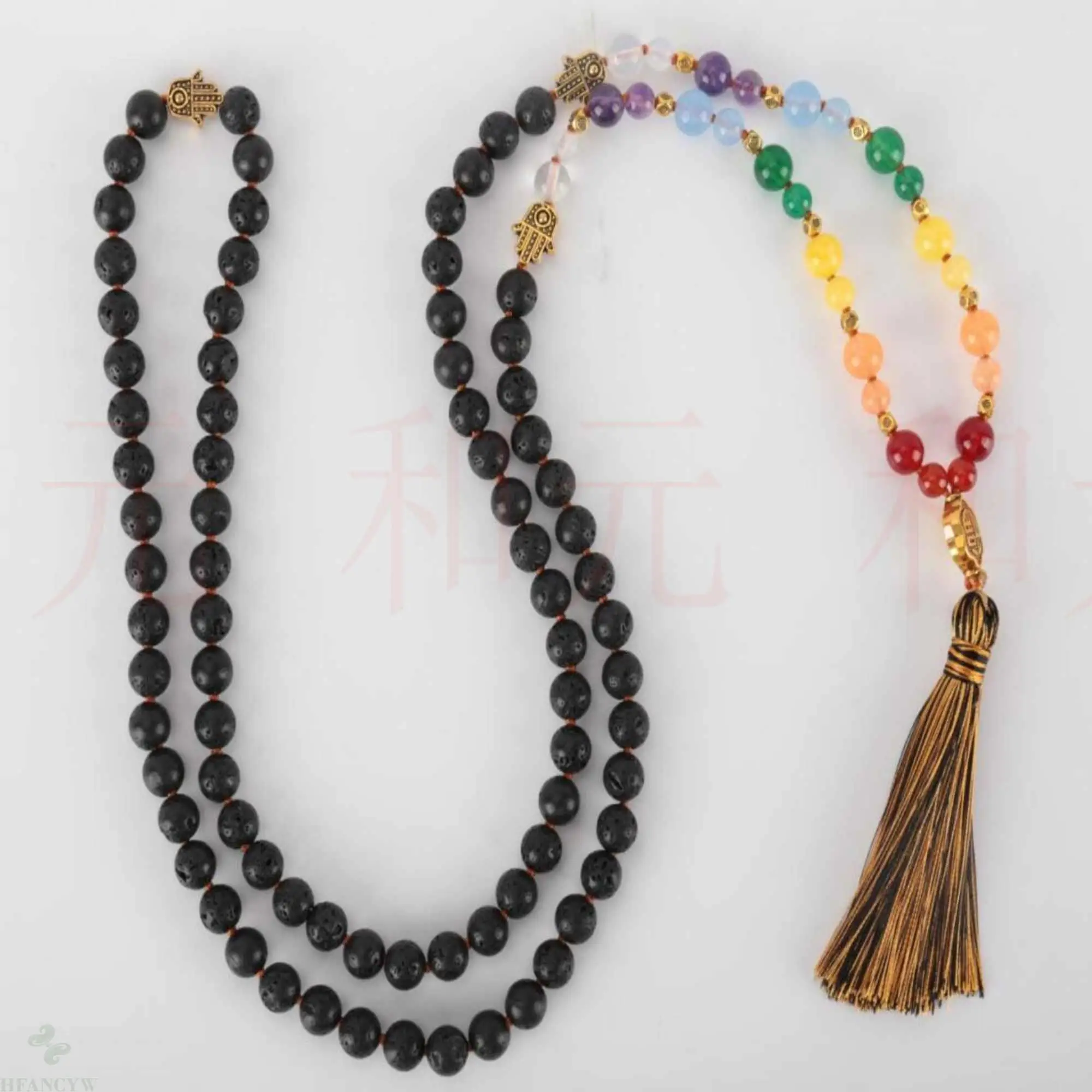 

8mm 108 knot Natural black agate 7 chakra gold necklace All Saints' Day Dark Matter Restore Handmade Spirituality Colorful