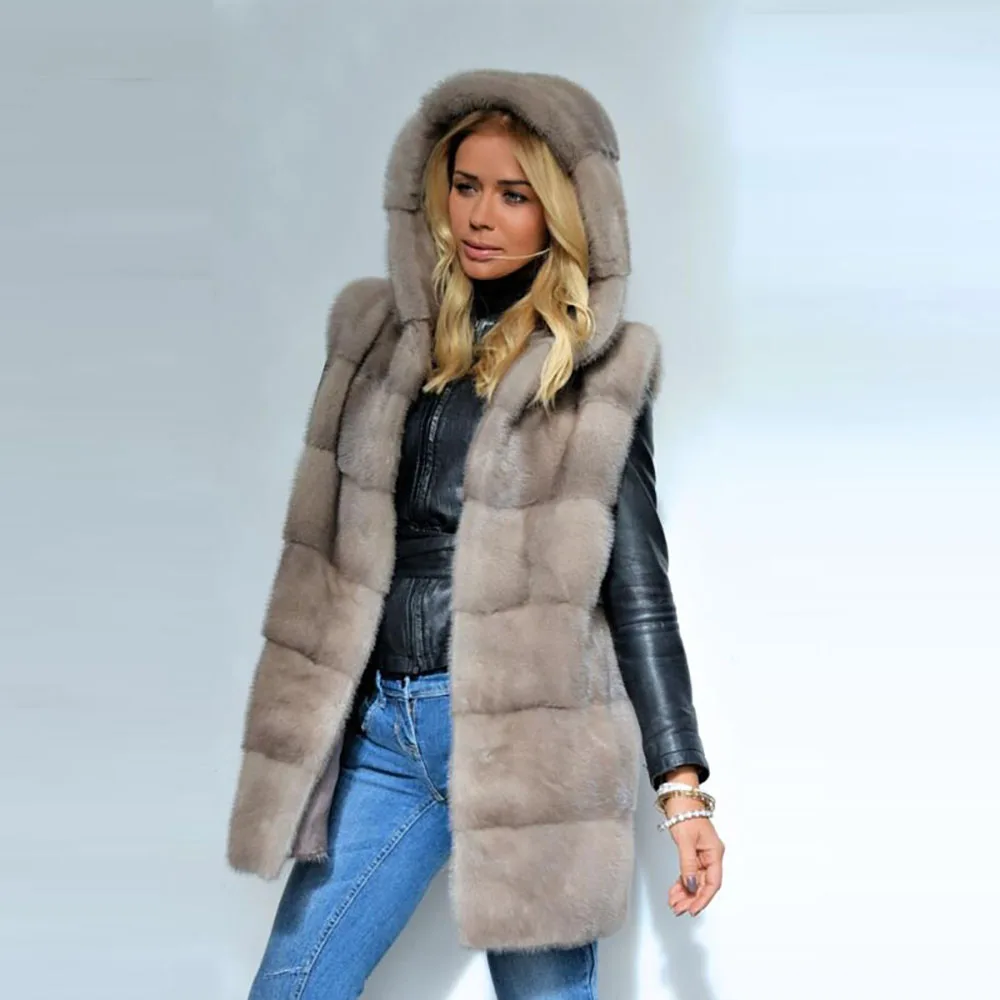 80cm long gray Warm Real Mink Fur Coat Women Winter Gilet Vest Wrap Cloak With hood NEW Jacket Overcoat Female Ladies Fashion Furs Jacket - Color: 80cm long gray