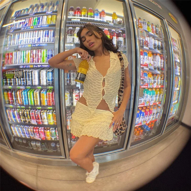 Sexy 2pc Set Short Sleeve Hollow Out Button Tops Fashion Elastic Waist Skirt Suit Fashion Casual Party Clubwear Outfits Hot Sale Sexy 2pc Set Short Sleeve Hollow Out Button Tops Fashion Elastic Waist Skirt Suit Fashion Casual Party Clubwear Outfits Hot Sale