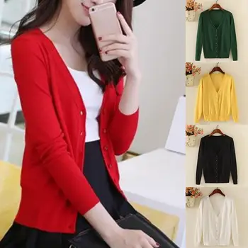 

Women Casual Solid Color Long Sleeve V Neck Knitwear Single-breasted Loose Coat