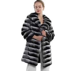 Stylish Chinchilla Fur Jacket Notch Collar Mid-Long Coat Parka Stately Beauty Warm Fashion