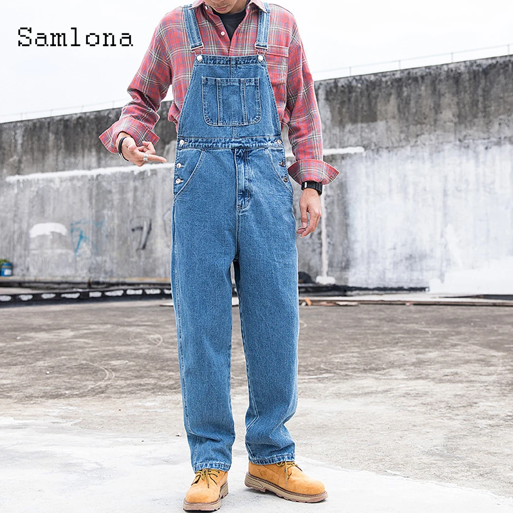 Samlona Men's Jeans Blue Denim Overalls Fashion 2024 European and American style Loose Suspender Trousers Mens Summer Jumpsuits