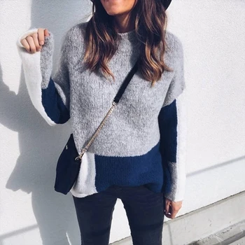 

Fashion Long Sleeve Knitted Sweater Pullover Women Winter Warm Casual Loose Tops Knitwear Color Patchwork O-neck Sweaters Top