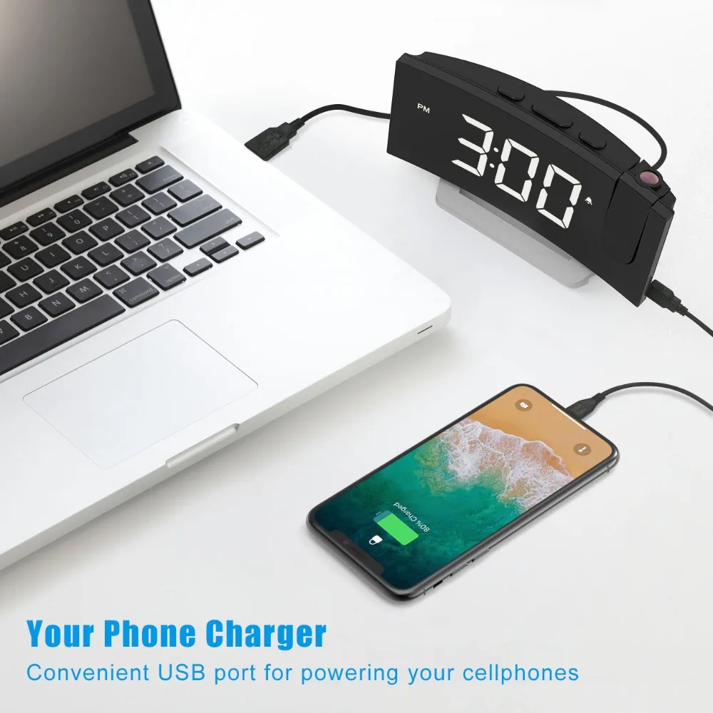 Mpow Projection Clock FM Radio Alarm Clock 5 inch Curved-Screen Digital Dual Alarm with  Dimmer & USB Charging Port Sleep Timer (6)