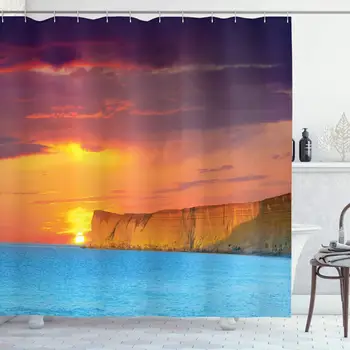 

Ocean Shower Curtain, Dramatic Sea Summer Sunset with Huge Cliff Vibrant Colors Overcast Picture, Cloth Fabric Bathroom Decor