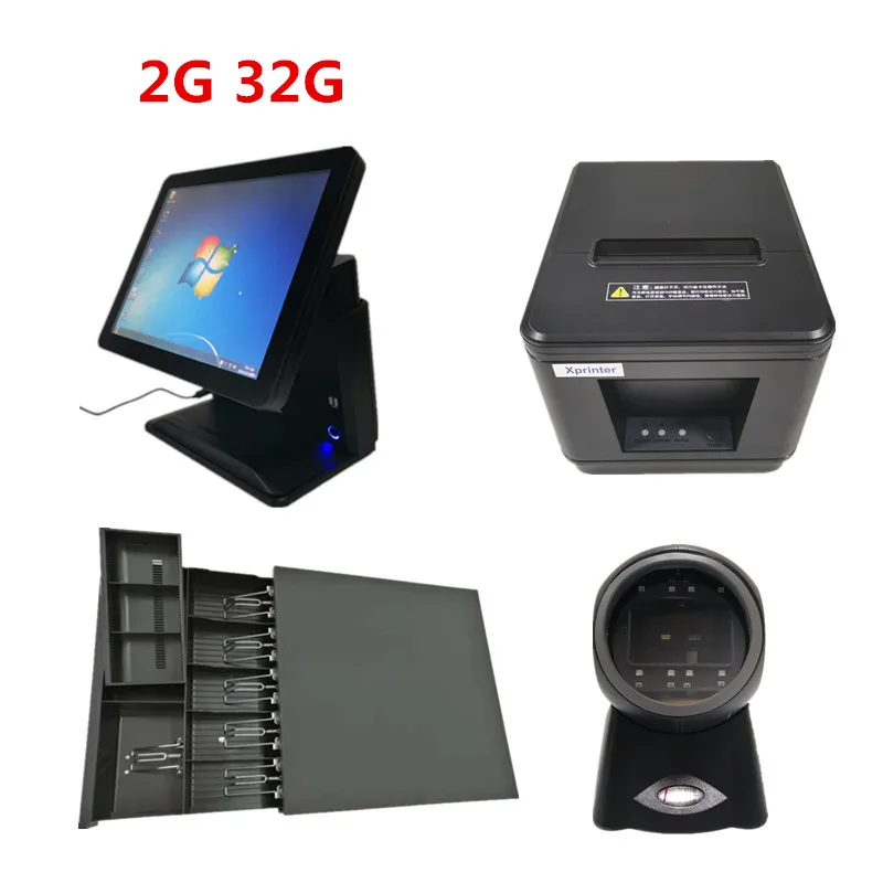 black 2G 32G Pos-терминал 1" сенсорная панель кассовый аппарат и кассовый ящик 80 мм Термопринтер автоматический резак и сканер штрих-кода - Цвет: black 2G 32G