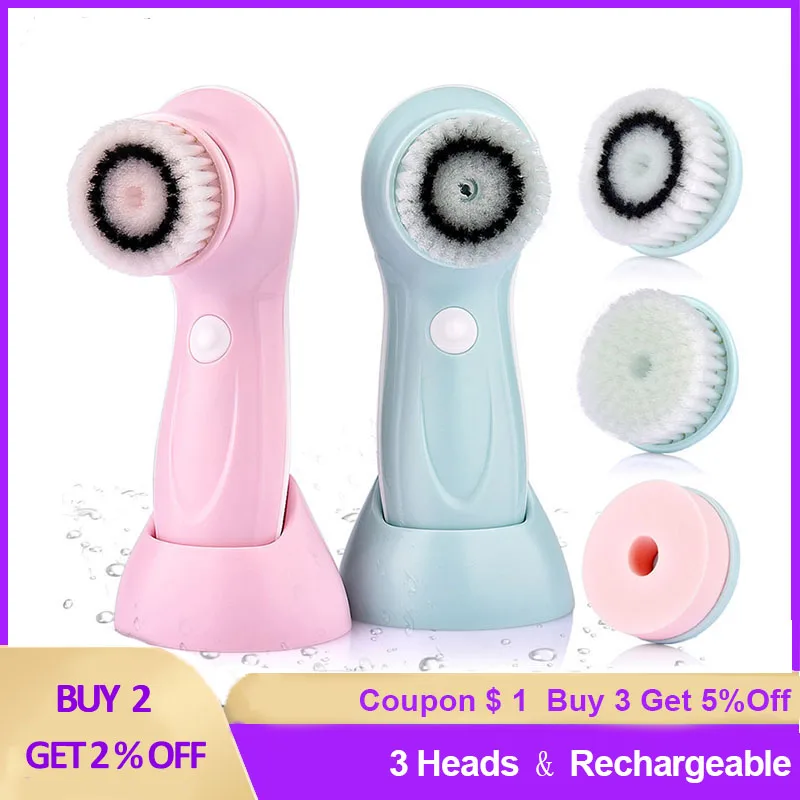 

Electric Face Cleansing Brush Machine with 3 Heads USB Facial Cleanser Face Skin Washing Cleaning Tool