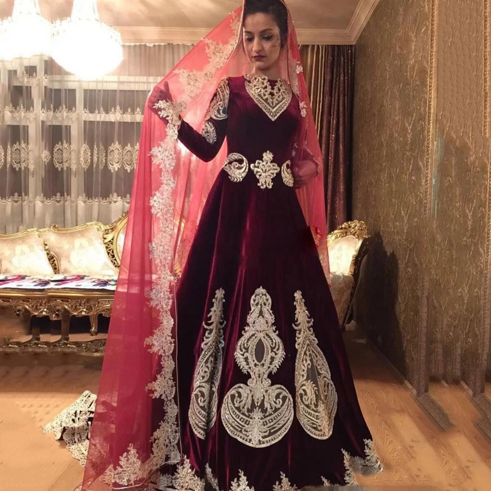 

Eightree Burdundy Velvet Prom Dresses Muslim Wedding Party Gown Long Sleeves Vestido Applique Arbric Beads Formal Evening Dress