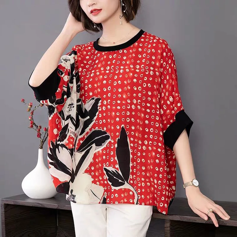 Plus Size Women Summer Style Chiffon Blouses Shirts Lady Casual Half Sleeve O-Neck Printed Blsuas Tops DF3060